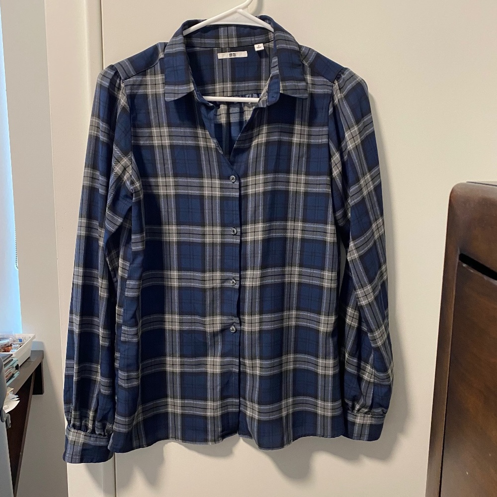 Gray and Blue Plaid Blouse Uniqlo